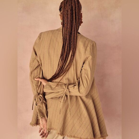 FREE PEOPLE Stella Striped double breasted frayed hem linen blend Blazer sz xs - Picture 2 of 9